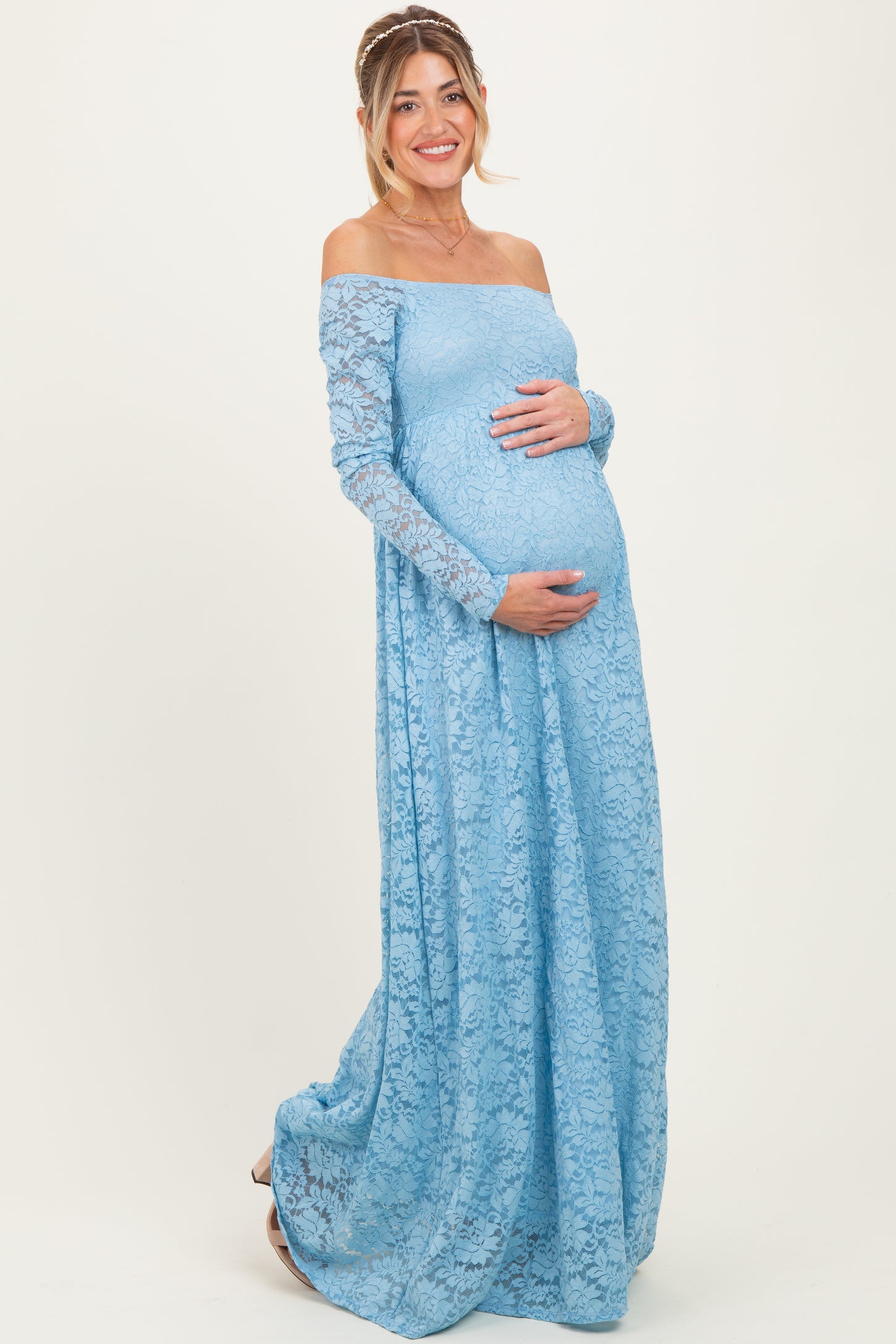 Light Blue Floral Lace Long Sleeve Off Shoulder Maternity Maxi Dress