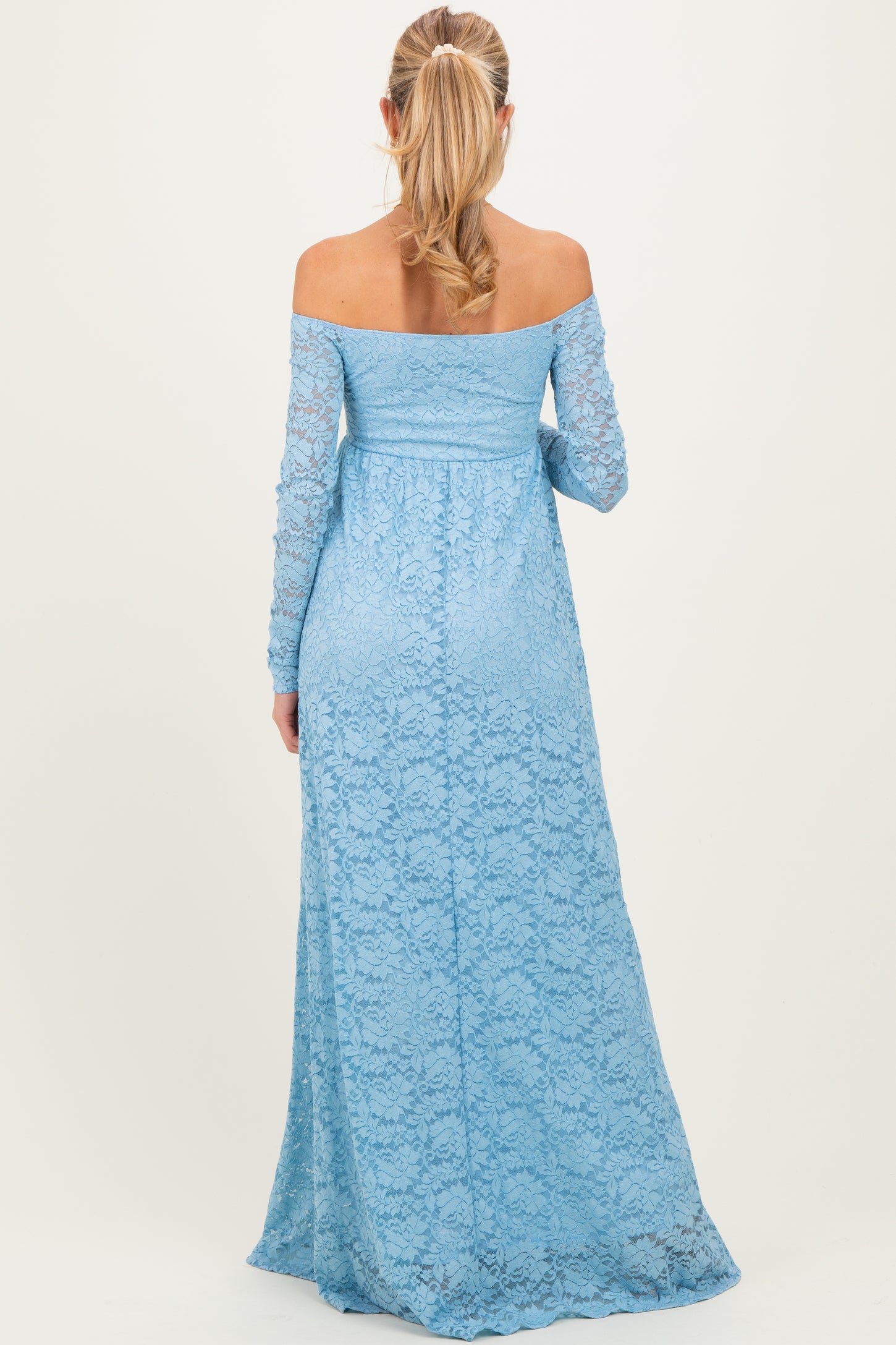 Light Blue Floral Lace Long Sleeve Off Shoulder Maternity Maxi Dress