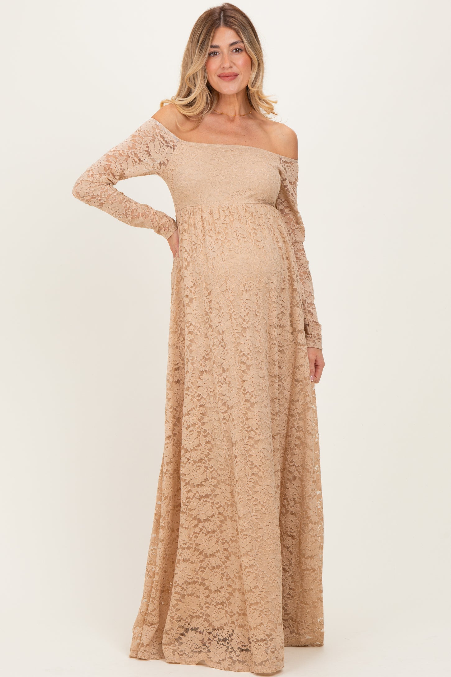 Gold Floral Lace Long Sleeve Off Shoulder Maternity Maxi Dress Gold Floral Lace Long Sleeve Off Shoulder Maternity Maxi Dress