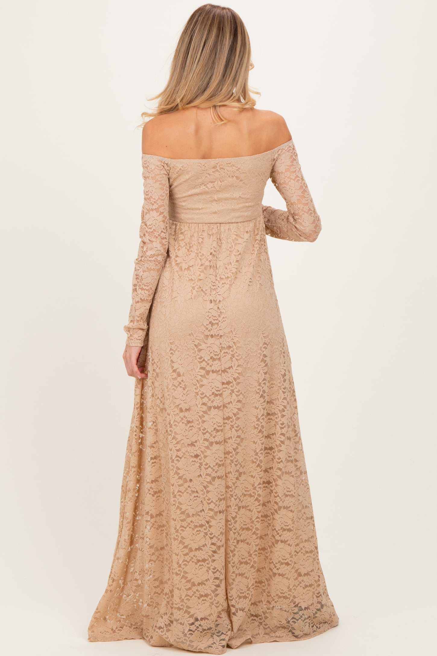 Gold Floral Lace Long Sleeve Off Shoulder Maternity Maxi Dress Gold Floral Lace Long Sleeve Off Shoulder Maternity Maxi Dress