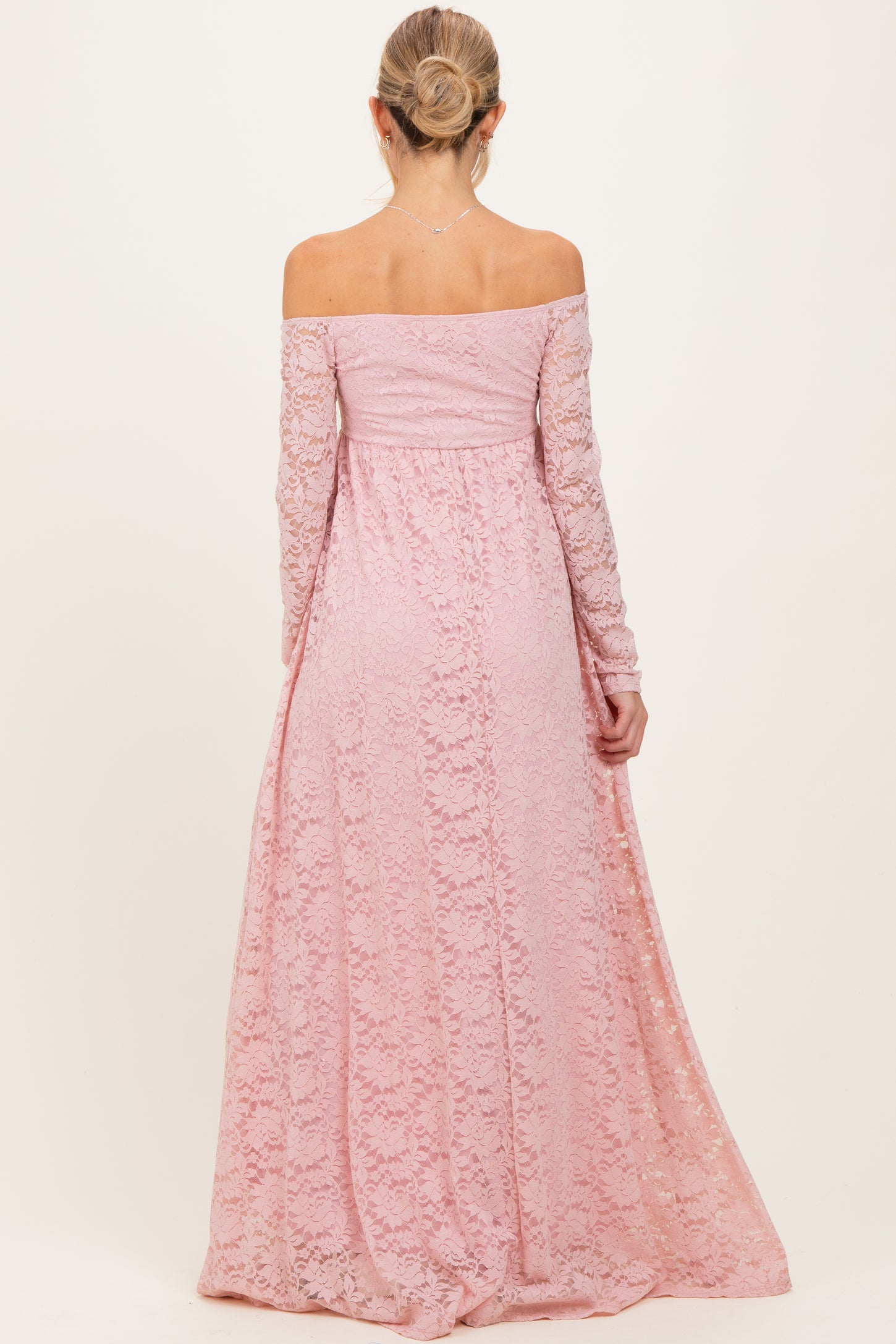Light Pink Floral Lace Long Sleeve Off Shoulder Maternity Maxi Dress Light Pink Floral Lace Long Sleeve Off Shoulder Maternity Maxi Dress