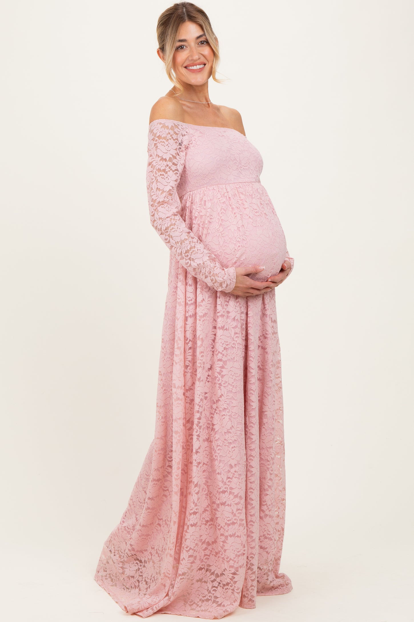 Light Pink Floral Lace Long Sleeve Off Shoulder Maternity Maxi Dress Light Pink Floral Lace Long Sleeve Off Shoulder Maternity Maxi Dress