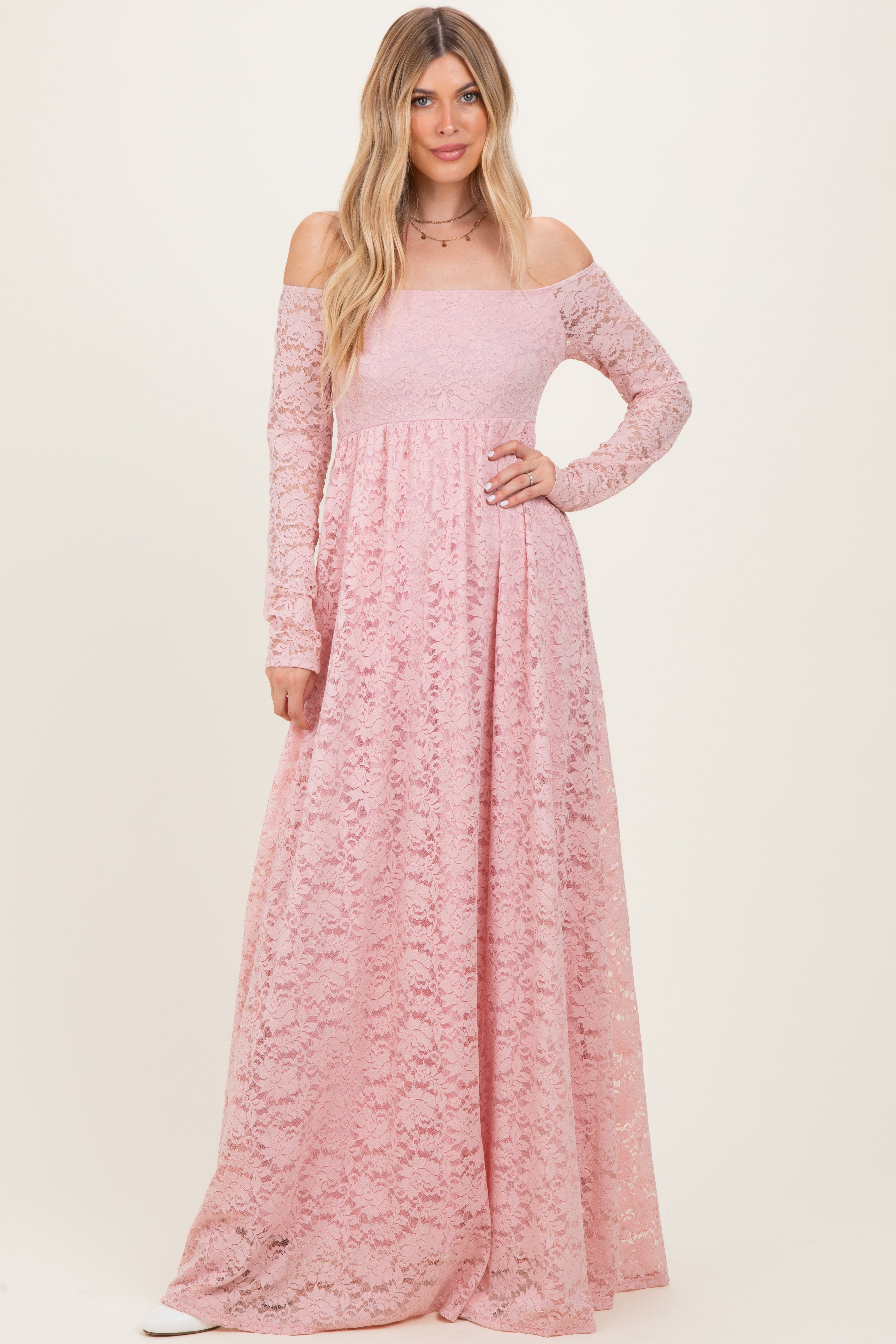Light Pink Floral Lace Long Sleeve Off Shoulder Maxi Dress – PinkBlush