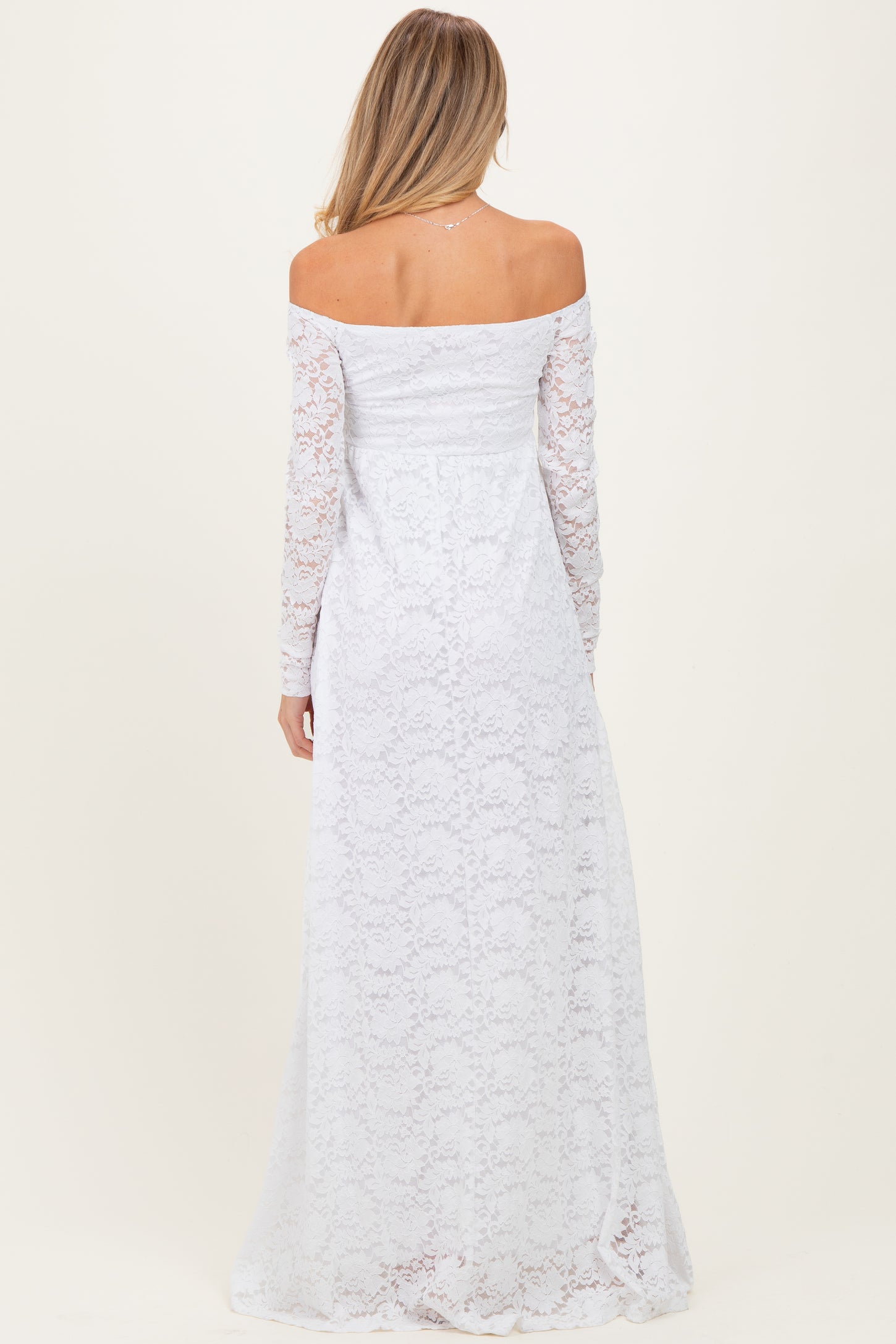 white lace off the shoulder maternity dress Valleria | White Lace Bardot-Neck Maternity Maxi Dress