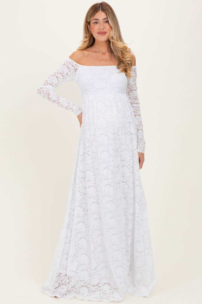White Floral Lace Long Sleeve Off Shoulder Maternity Maxi Dress White Floral Lace Long Sleeve Off Shoulder Maternity Maxi Dress
