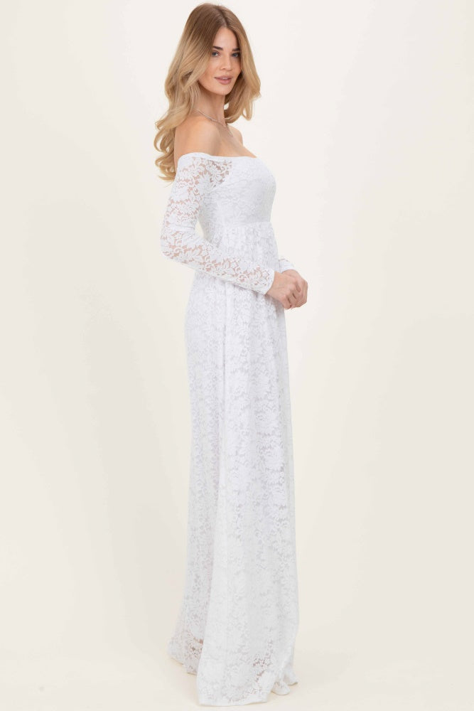 White Floral Lace Long Sleeve Off Shoulder Maxi Dress White Floral Lace Long Sleeve Off Shoulder Maxi Dress
