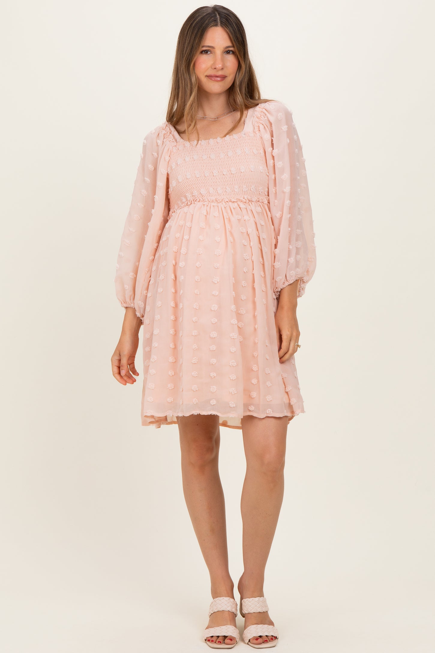 Peach Textured Dot Smocked Square Neck Chiffon Maternity Dress