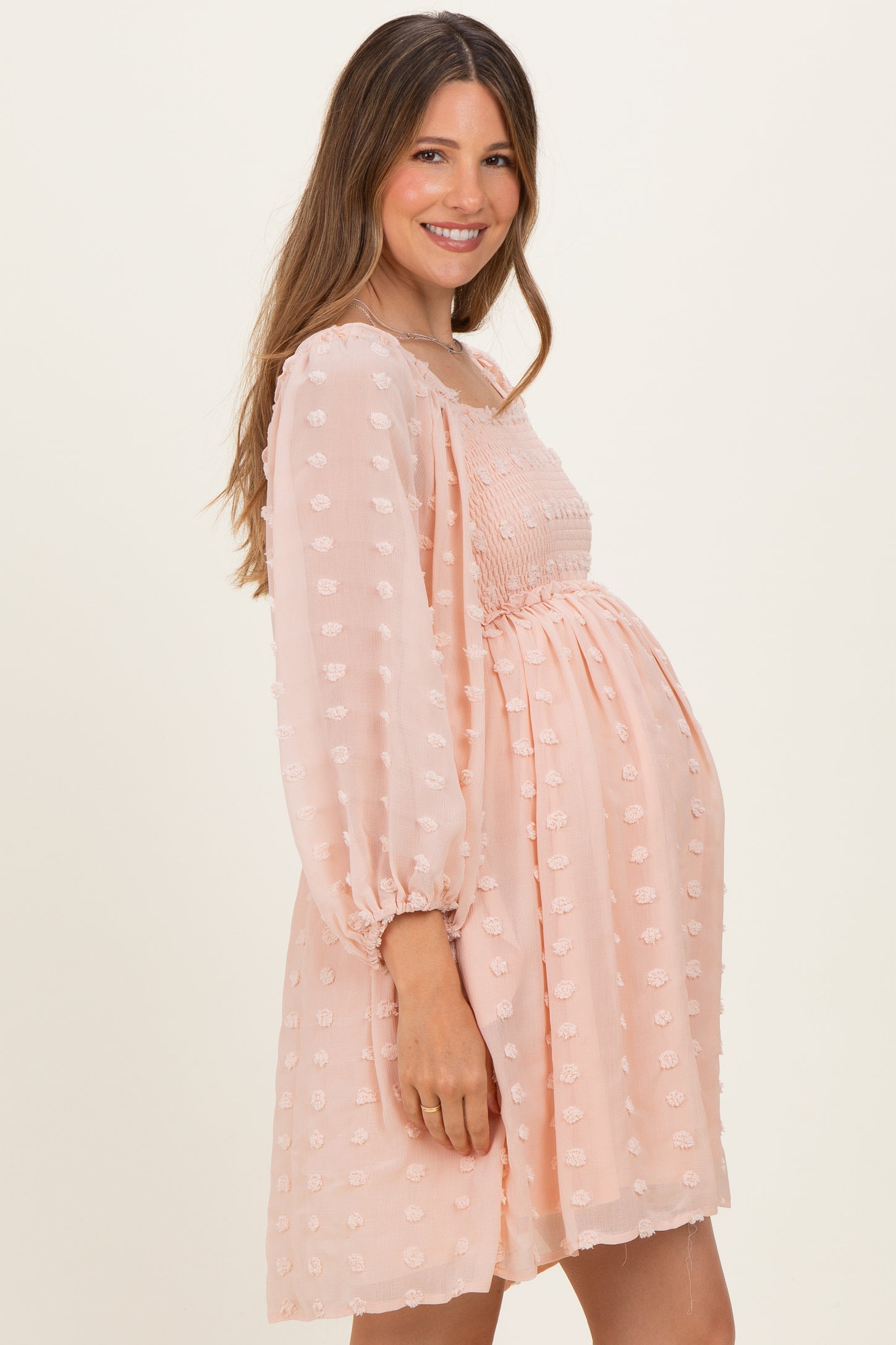 Peach Textured Dot Smocked Square Neck Chiffon Maternity Dress