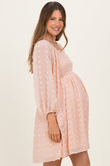 Peach Textured Dot Smocked Square Neck Chiffon Maternity Dress