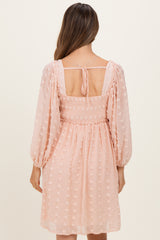 Peach Textured Dot Smocked Square Neck Chiffon Maternity Dress