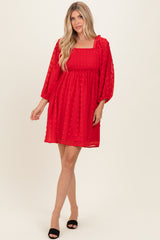 Red Textured Dot Smocked Square Neck Chiffon Dress