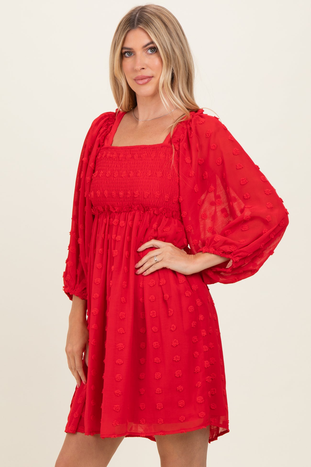 Red Textured Dot Smocked Square Neck Chiffon Dress