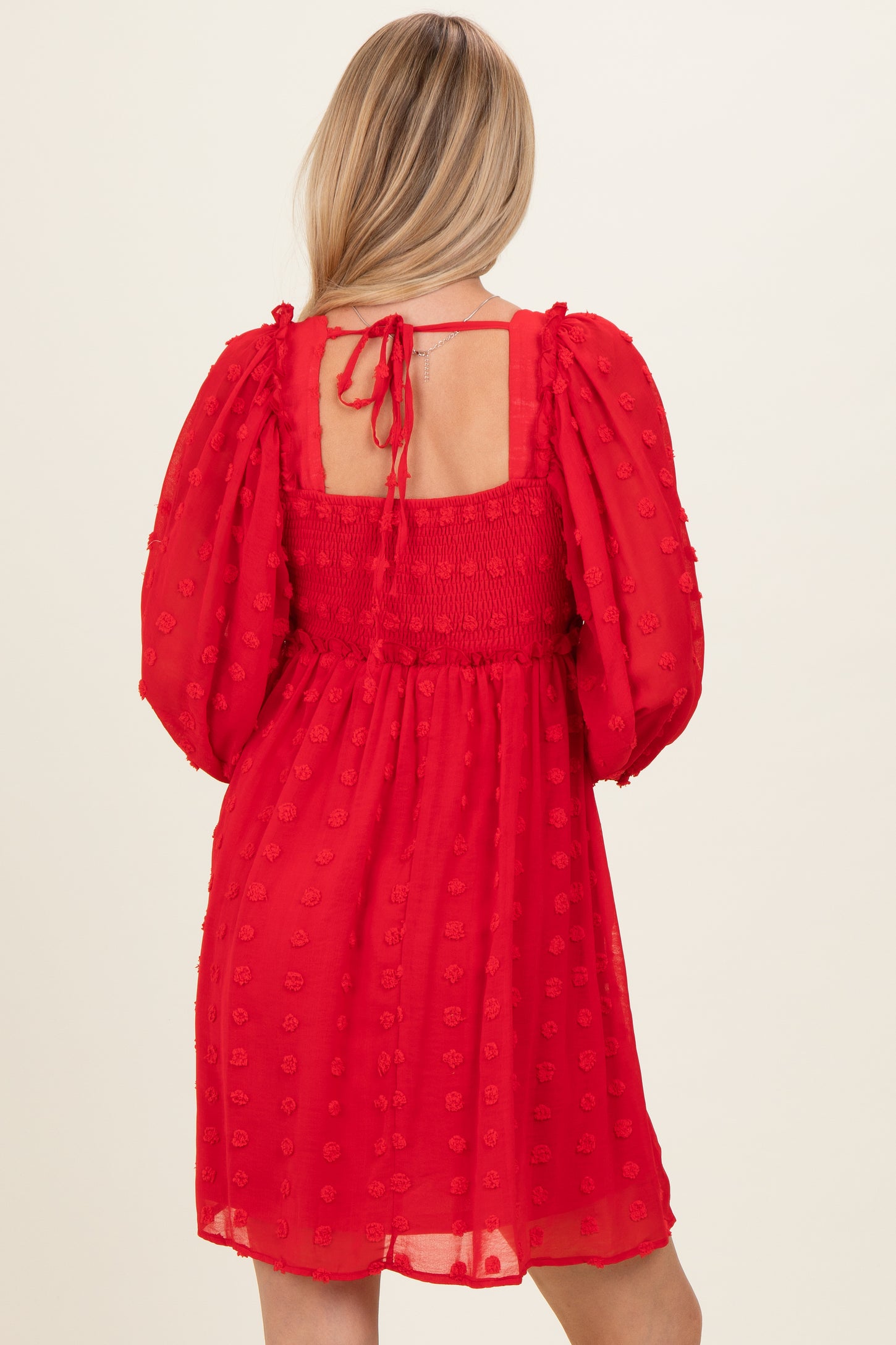 Red Textured Dot Smocked Square Neck Chiffon Dress
