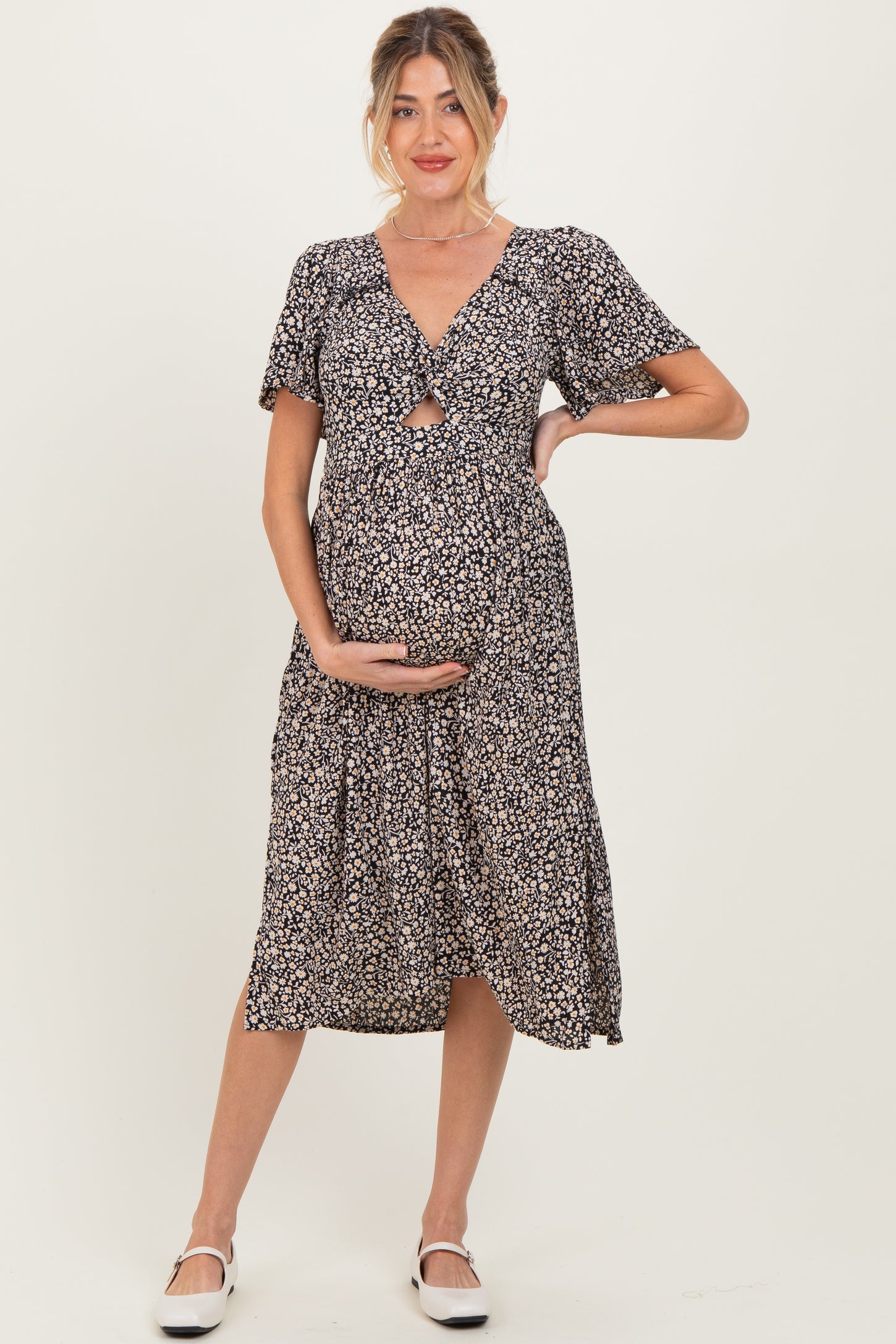 Black Floral Twist Front Cut Out Maternity Midi Dress