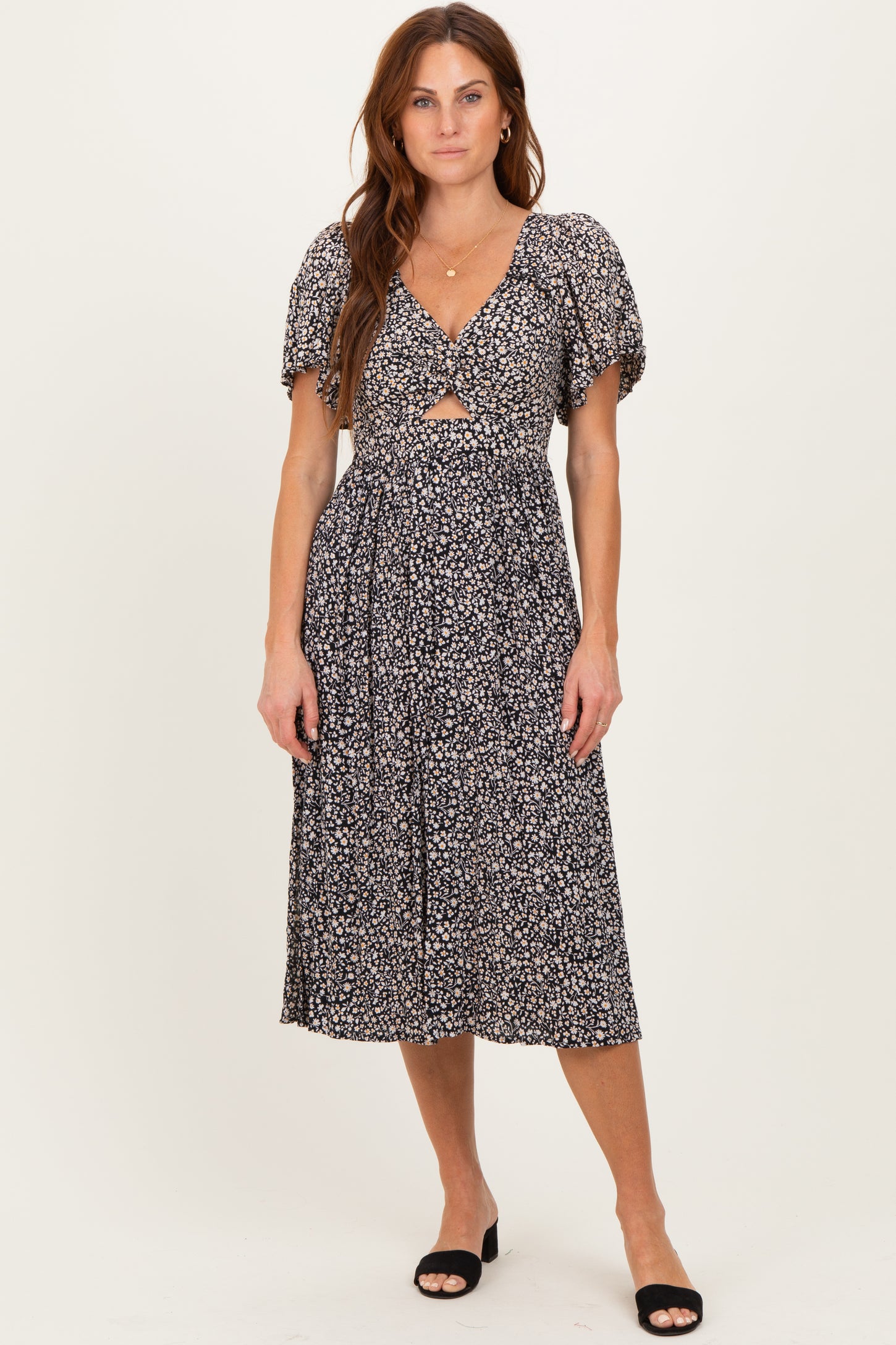 Black Floral Twist Front Cut Out Midi Dress