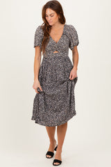 Black Floral Twist Front Cut Out Midi Dress