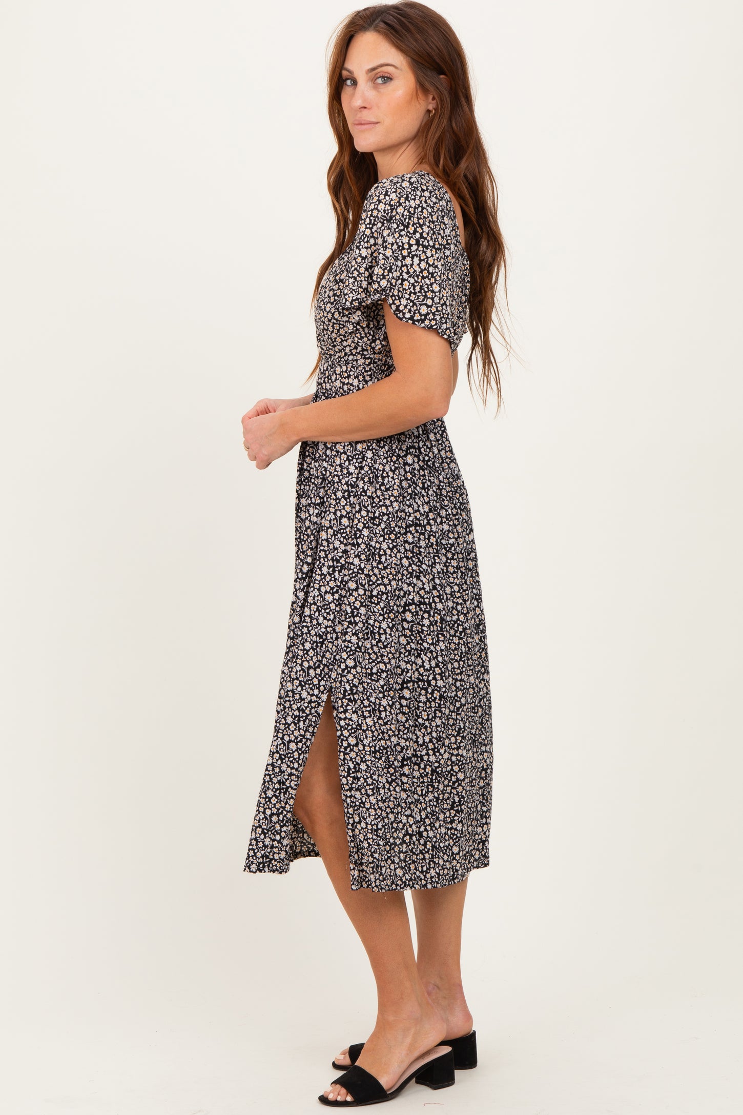 Black Floral Twist Front Cut Out Midi Dress