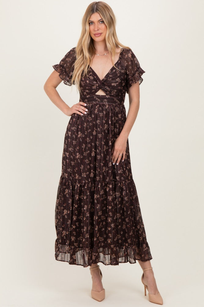 Brown Floral Stripe Twist Front Cutout Maternity Maxi Dress Brown Floral Stripe Twist Front Cutout Maternity Maxi Dress
