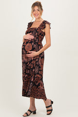 Black Floral Smocked Flutter Sleeve Maternity Midi Dress