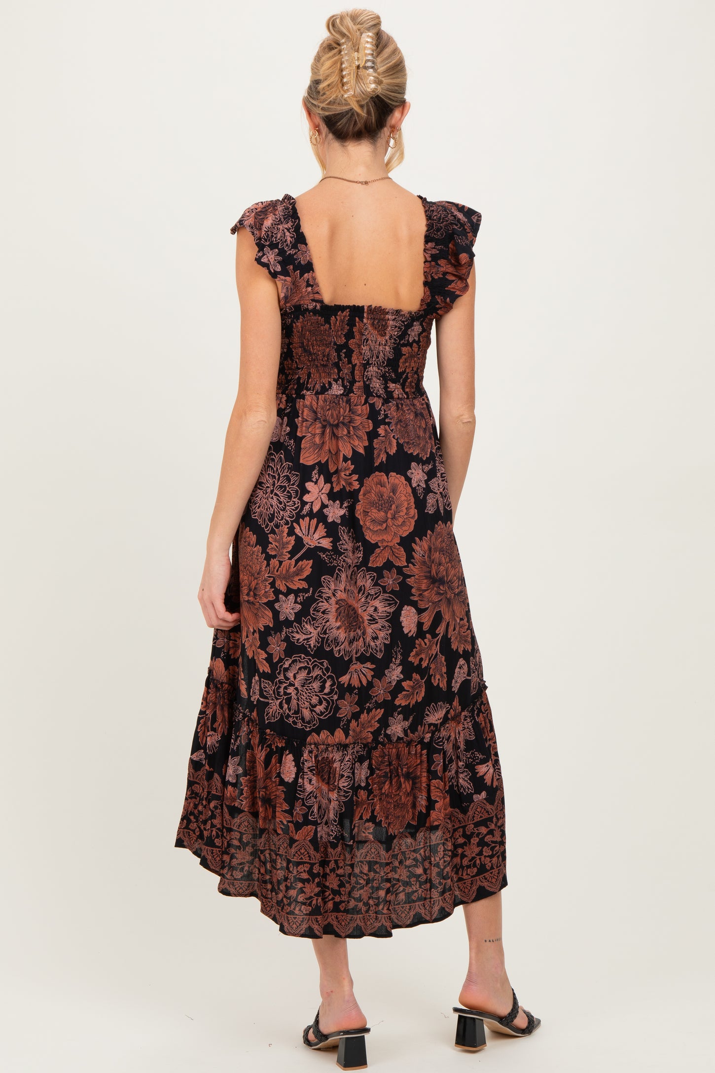 Black Floral Smocked Flutter Sleeve Maternity Midi Dress