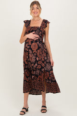 Black Floral Smocked Flutter Sleeve Maternity Midi Dress