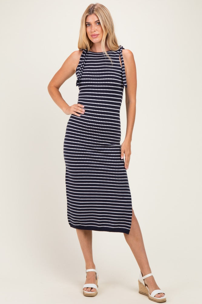 Navy Striped Knit Shoulder Tie Maxi Dress