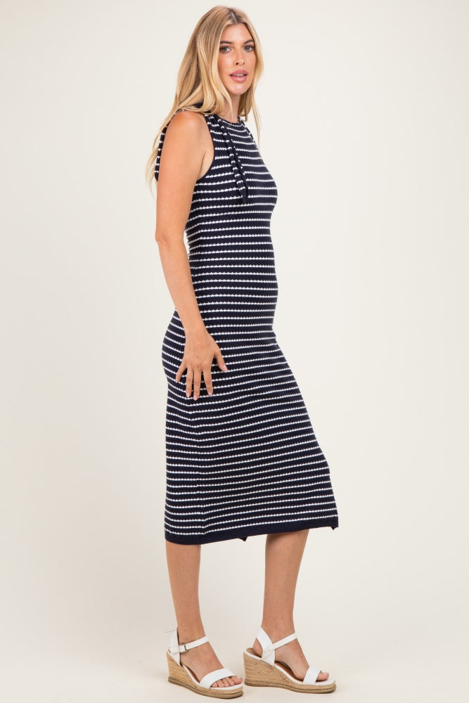 Navy Striped Knit Shoulder Tie Maxi Dress