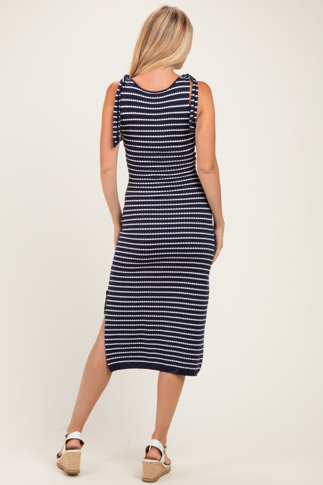 Navy Striped Knit Shoulder Tie Maxi Dress