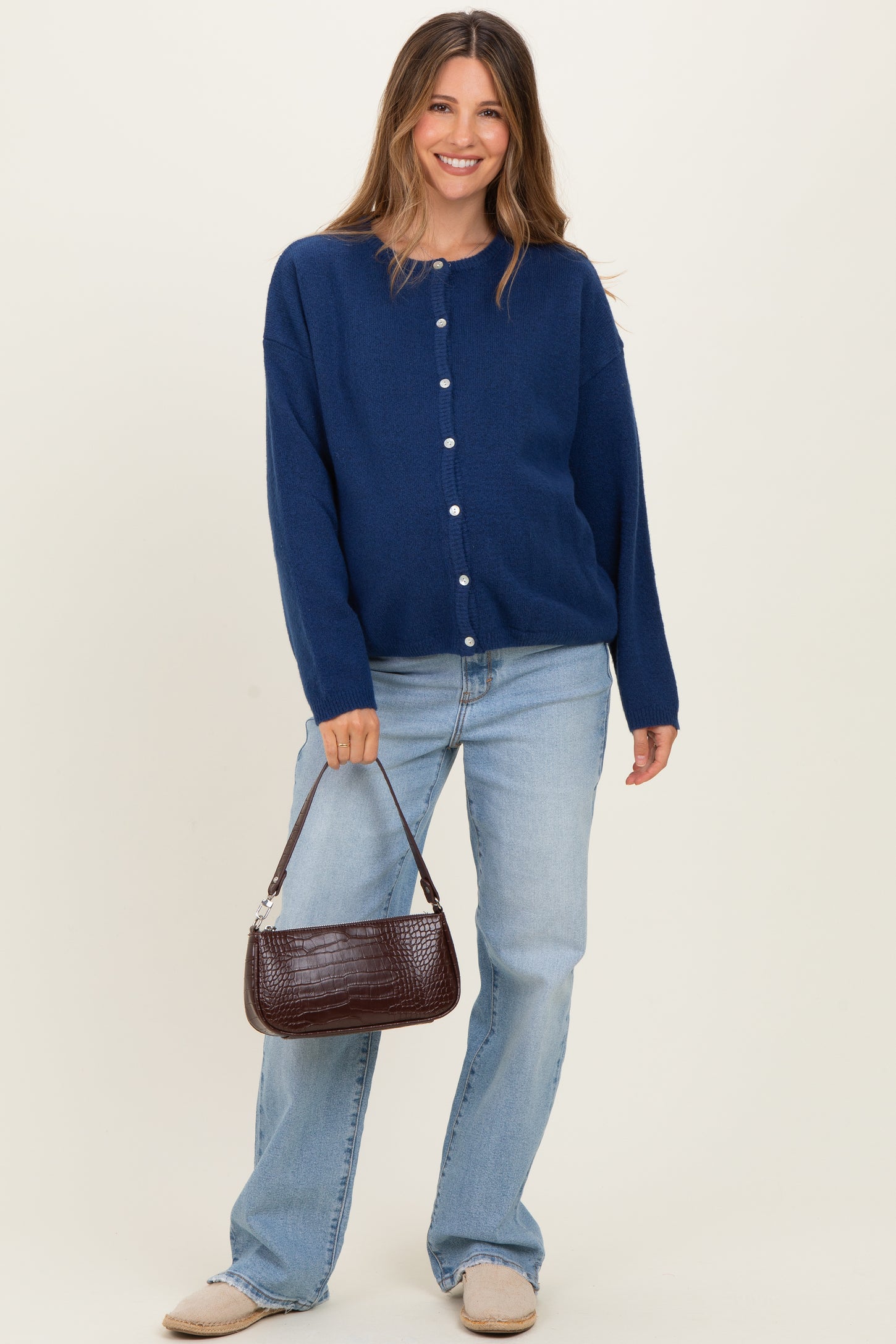Navy Classic Crew Neck Maternity Button Cardigan