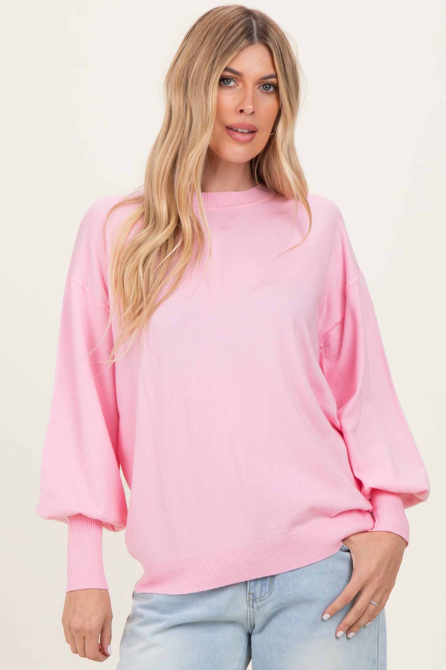 Light Pink Fine Knit Balloon Sleeve Sweater
