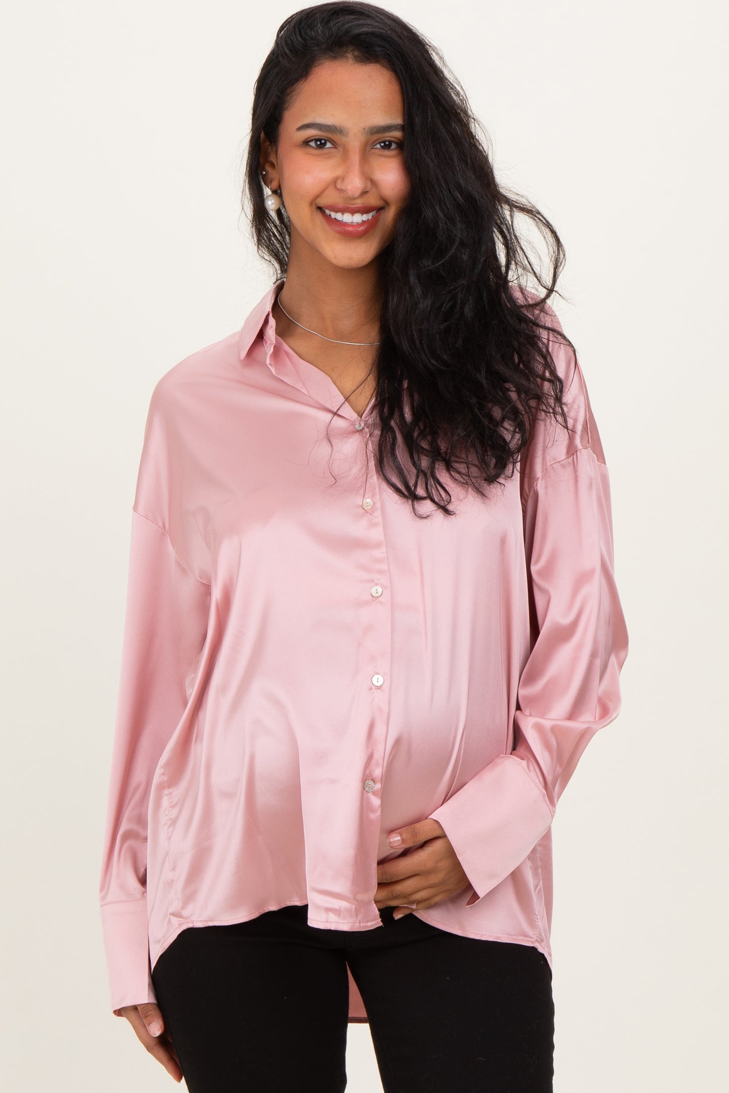 Blush Pink Satin Button Up Maternity Blouse