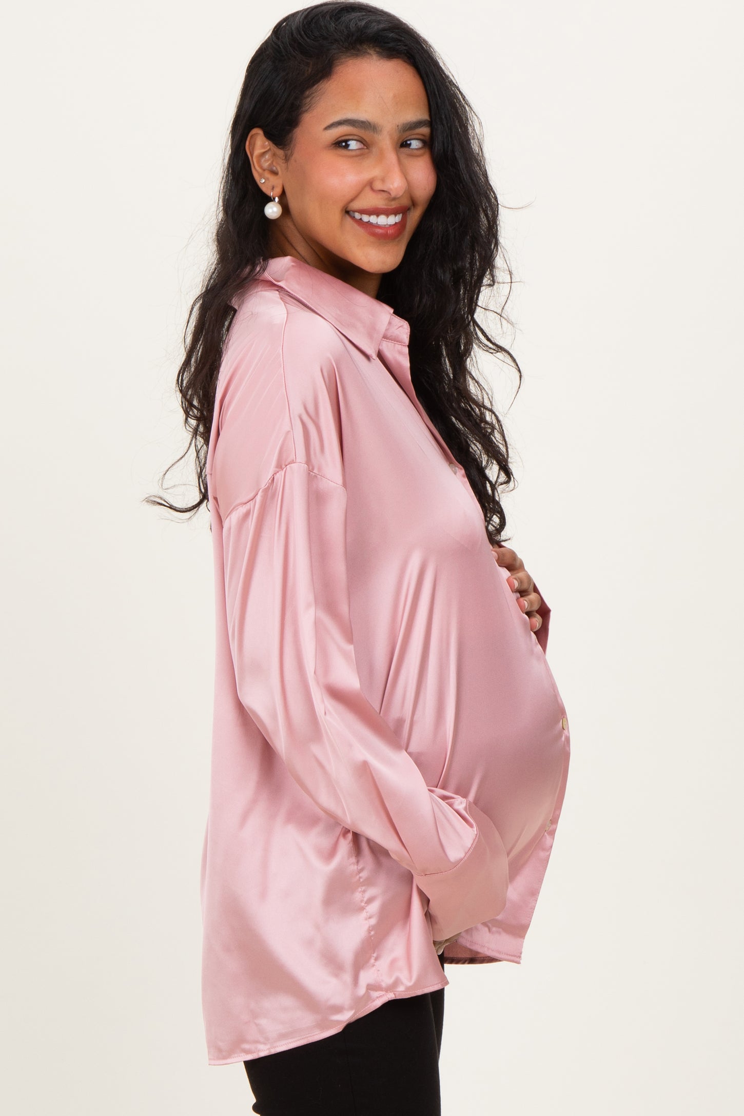 Blush Pink Satin Button Up Maternity Blouse