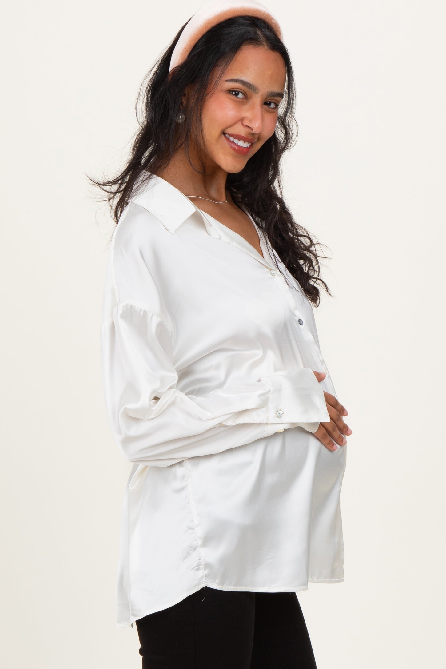 Champagne Ivory Satin Button Up Maternity Blouse