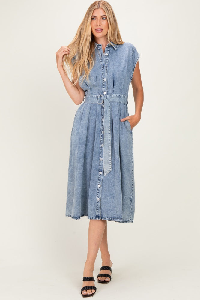 Denim Button Front Maternity Midi Dress
