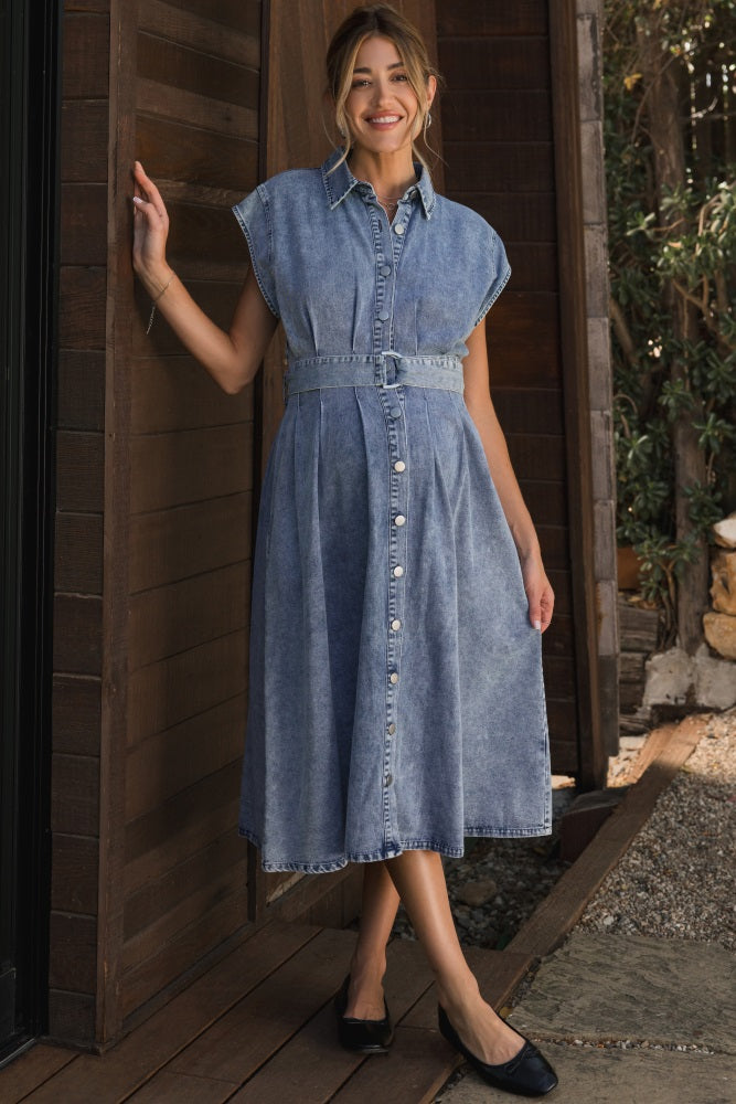 Denim Button Front Maternity Midi Dress