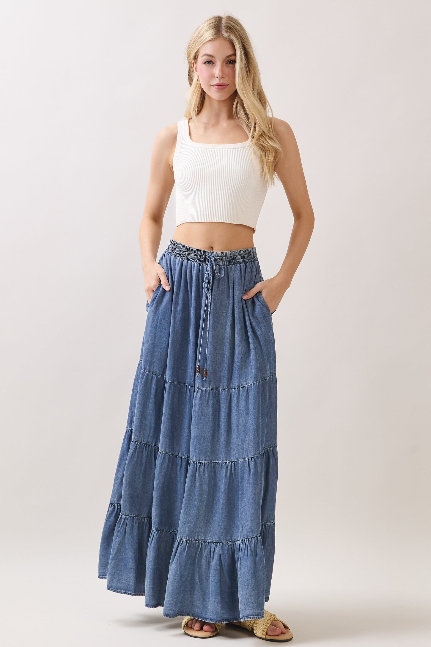 Blue Chambray Tiered Maxi Skirt
