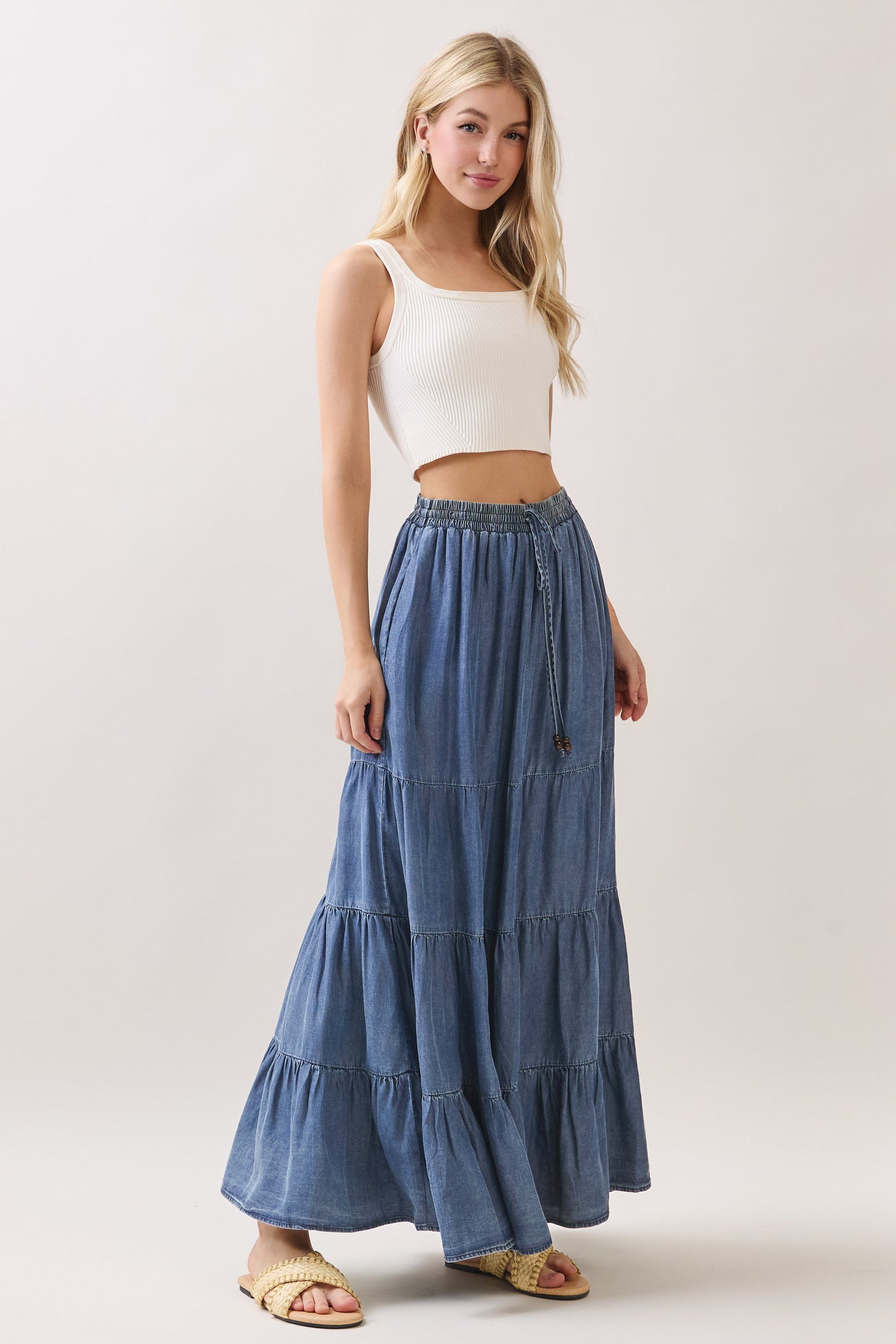 Blue Chambray Tiered Maxi Skirt