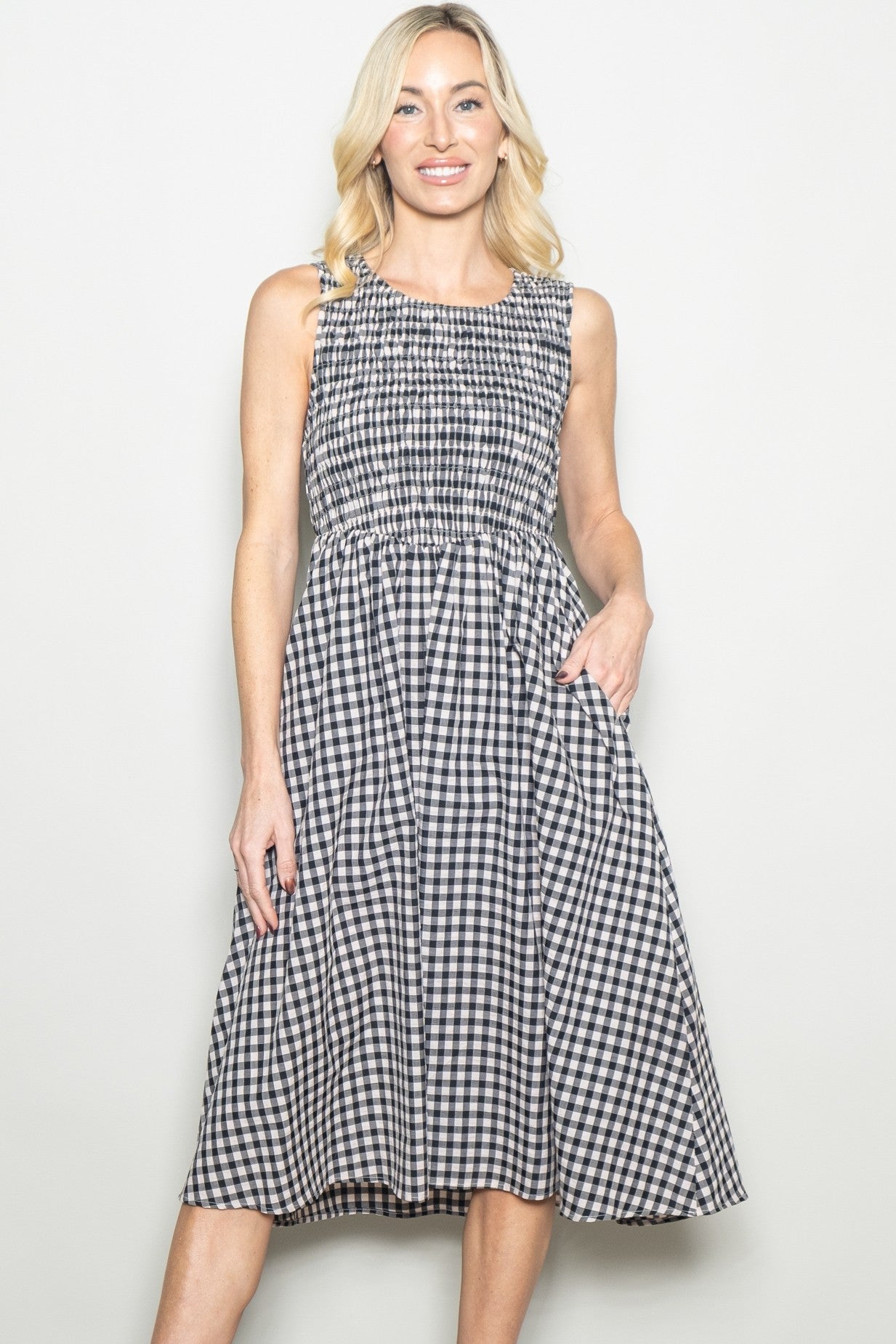 Black Gingham Smocked Sleeveless Maternity Midi Dress