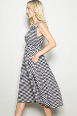 Black Gingham Smocked Sleeveless Midi Dress
