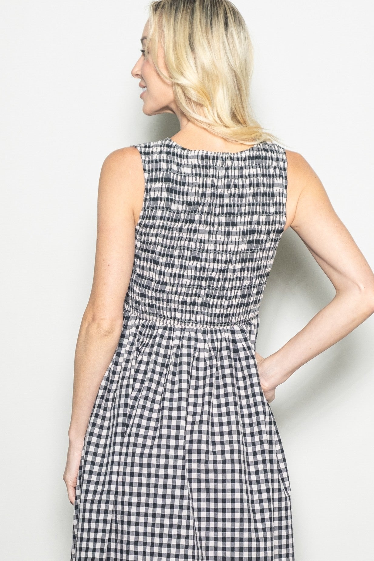 Black Gingham Smocked Sleeveless Midi Dress
