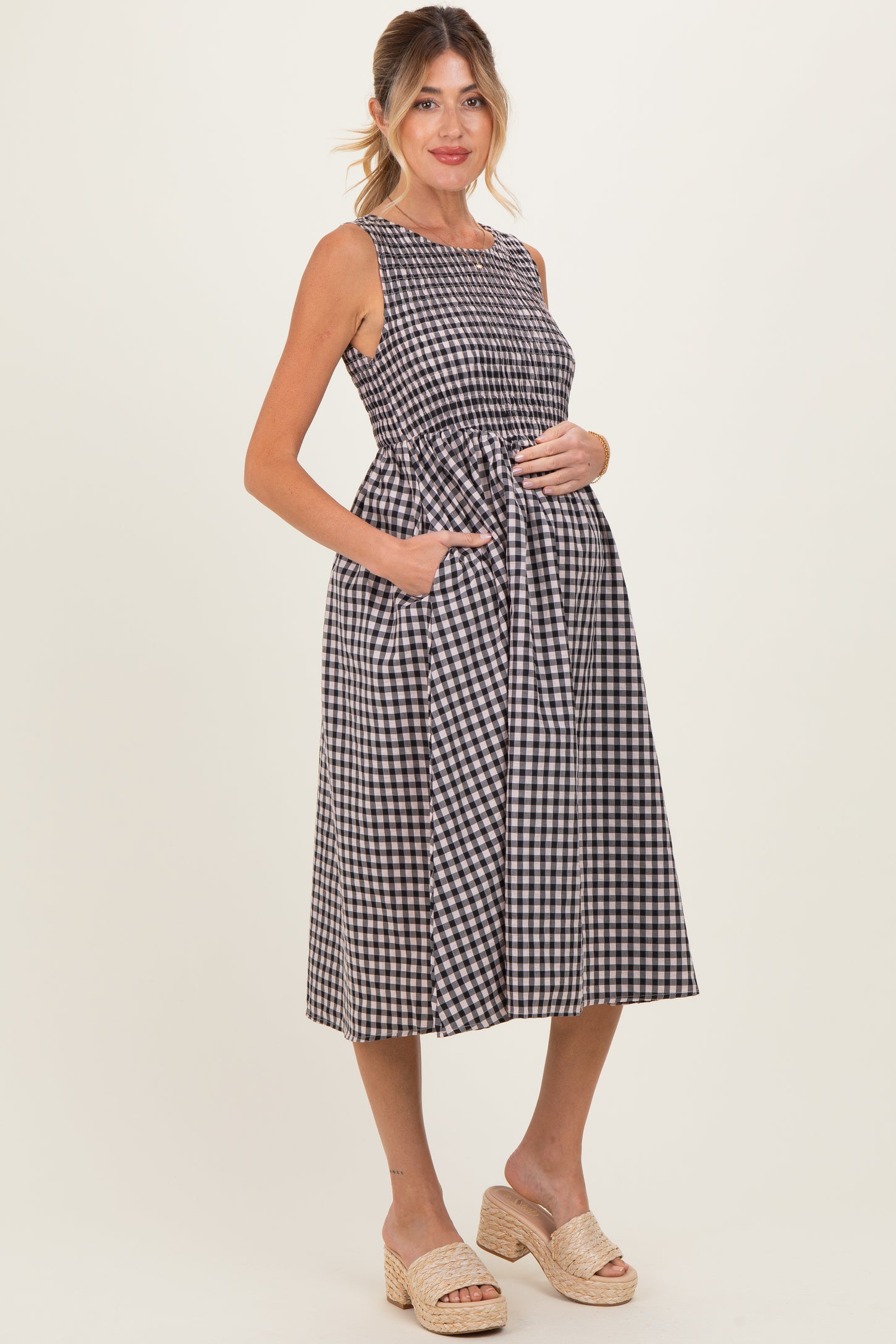 Black Gingham Smocked Sleeveless Maternity Midi Dress