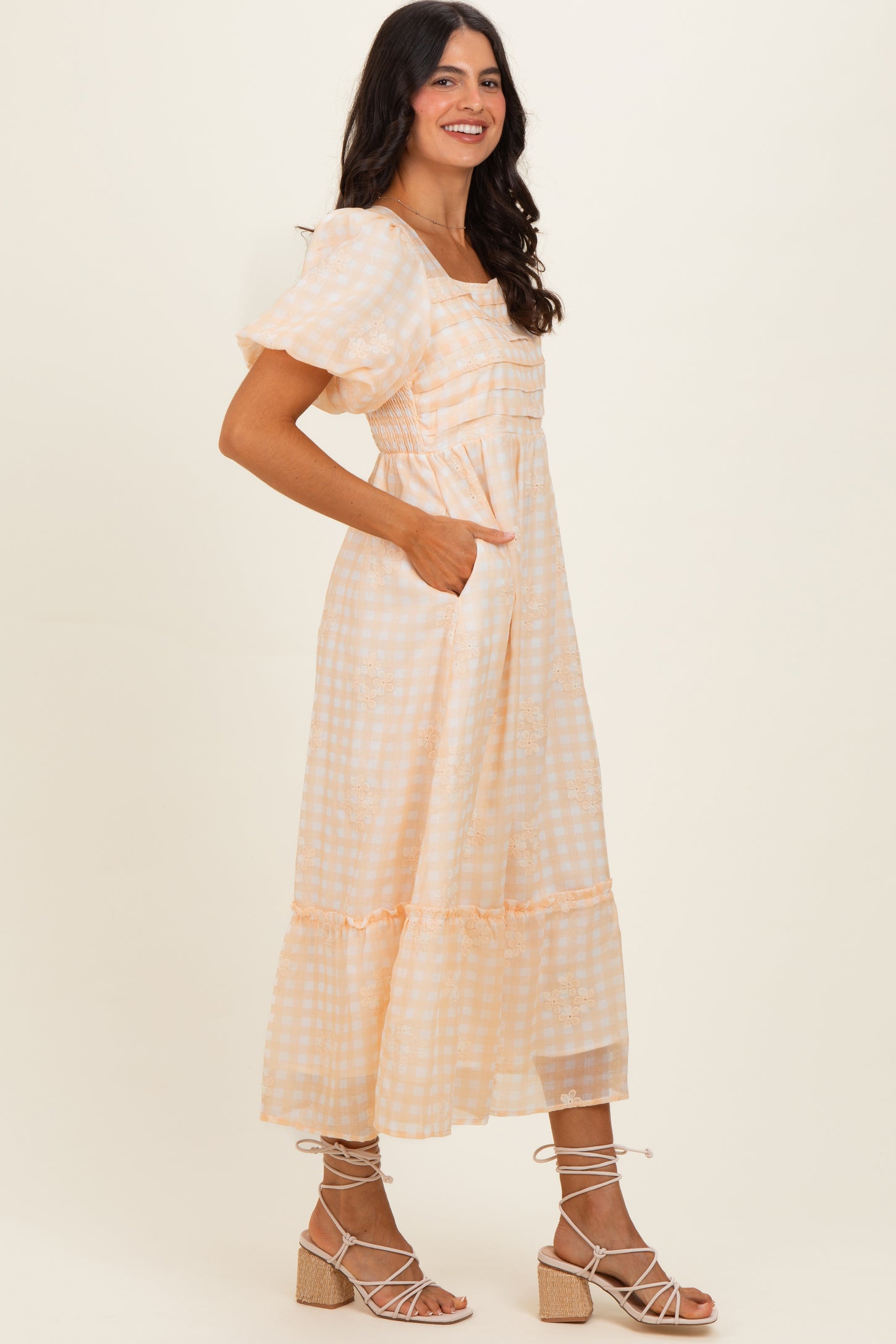 yellow square neck midi dress Yellow Gingham Pleated Square Neck Midi Dress