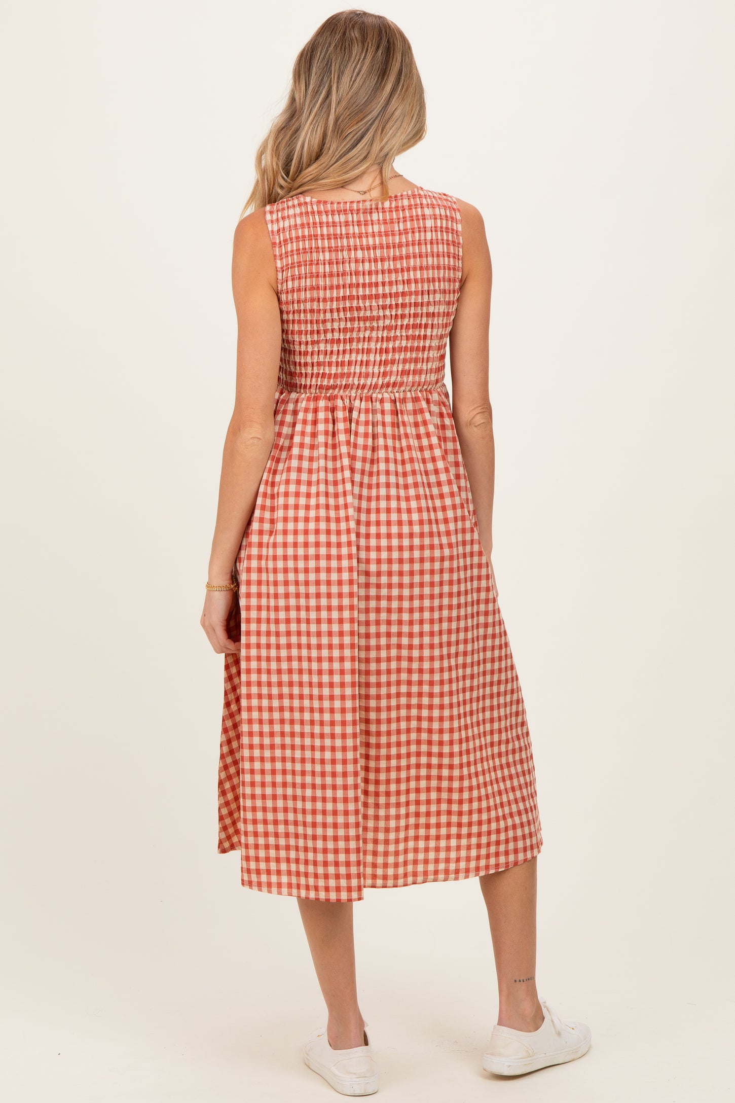 Red Gingham Smocked Sleeveless Maternity Midi Dress