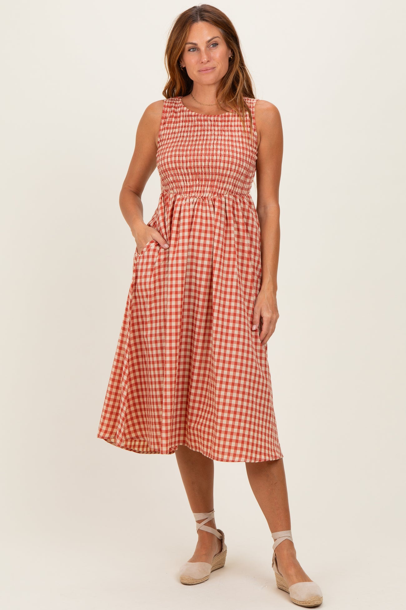 Red Gingham Smocked Sleeveless Maternity Midi Dress