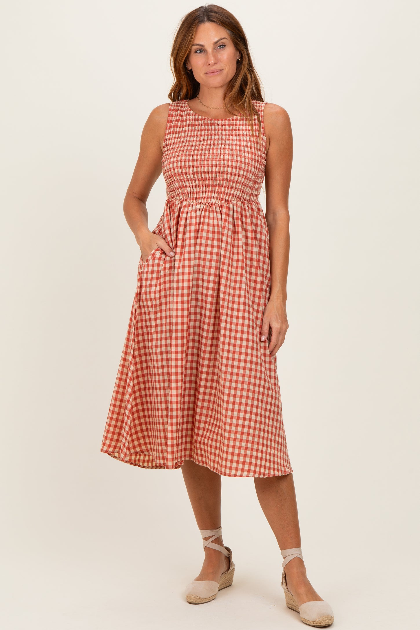 Red Gingham Smocked Sleeveless Maternity Midi Dress