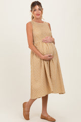 Yellow Gingham Smocked Sleeveless Maternity Midi Dress