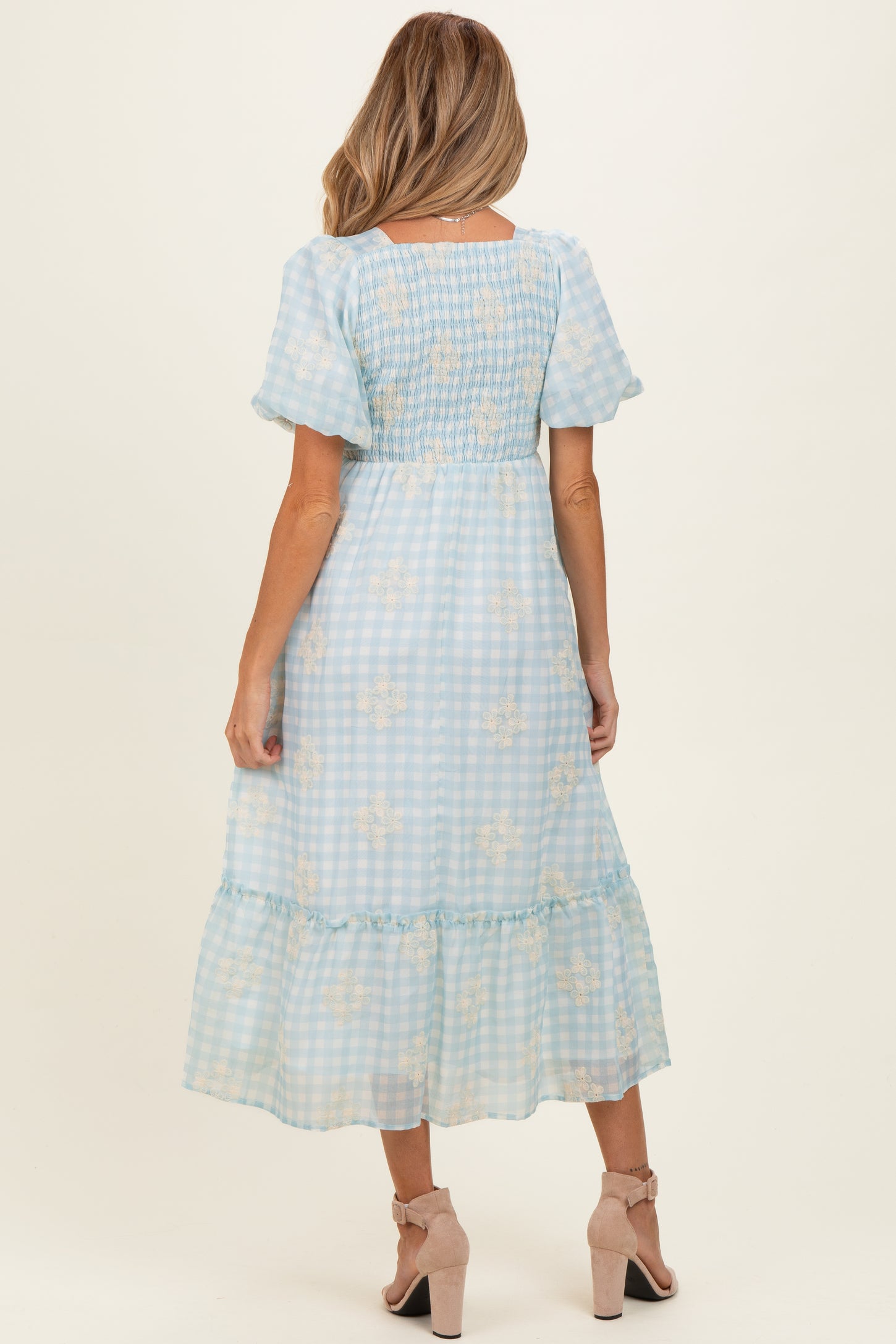 Light Blue Gingham Pleated Square Neck Maternity Midi Dress – PinkBlush
