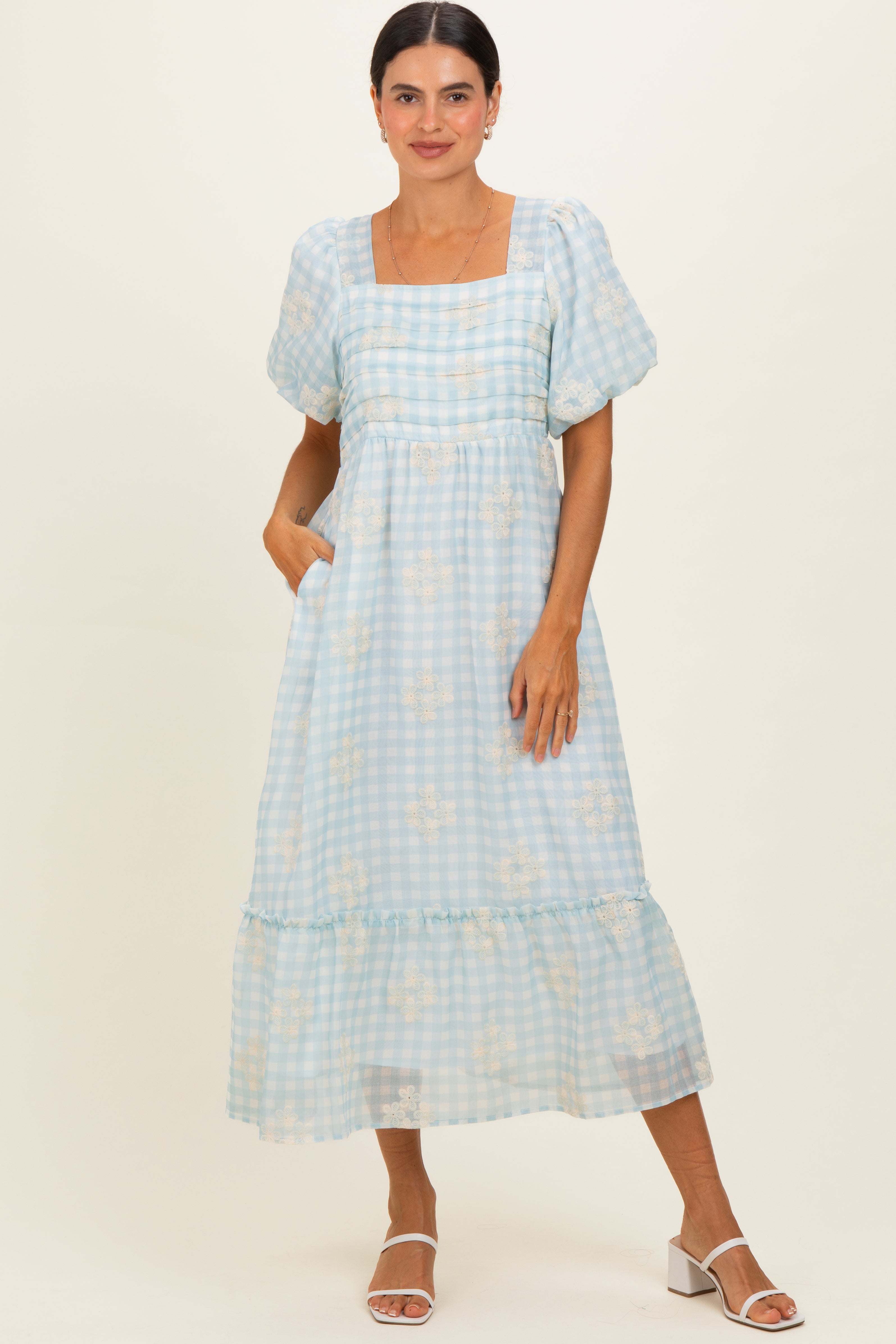 Light Blue Gingham Pleated Square Neck Maternity Midi Dress