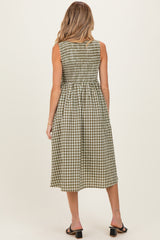 Olive Gingham Smocked Sleeveless Maternity Midi Dress