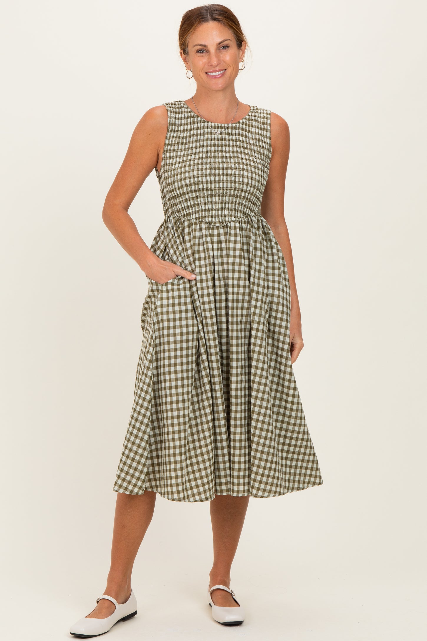 Olive Gingham Smocked Sleeveless Maternity Midi Dress